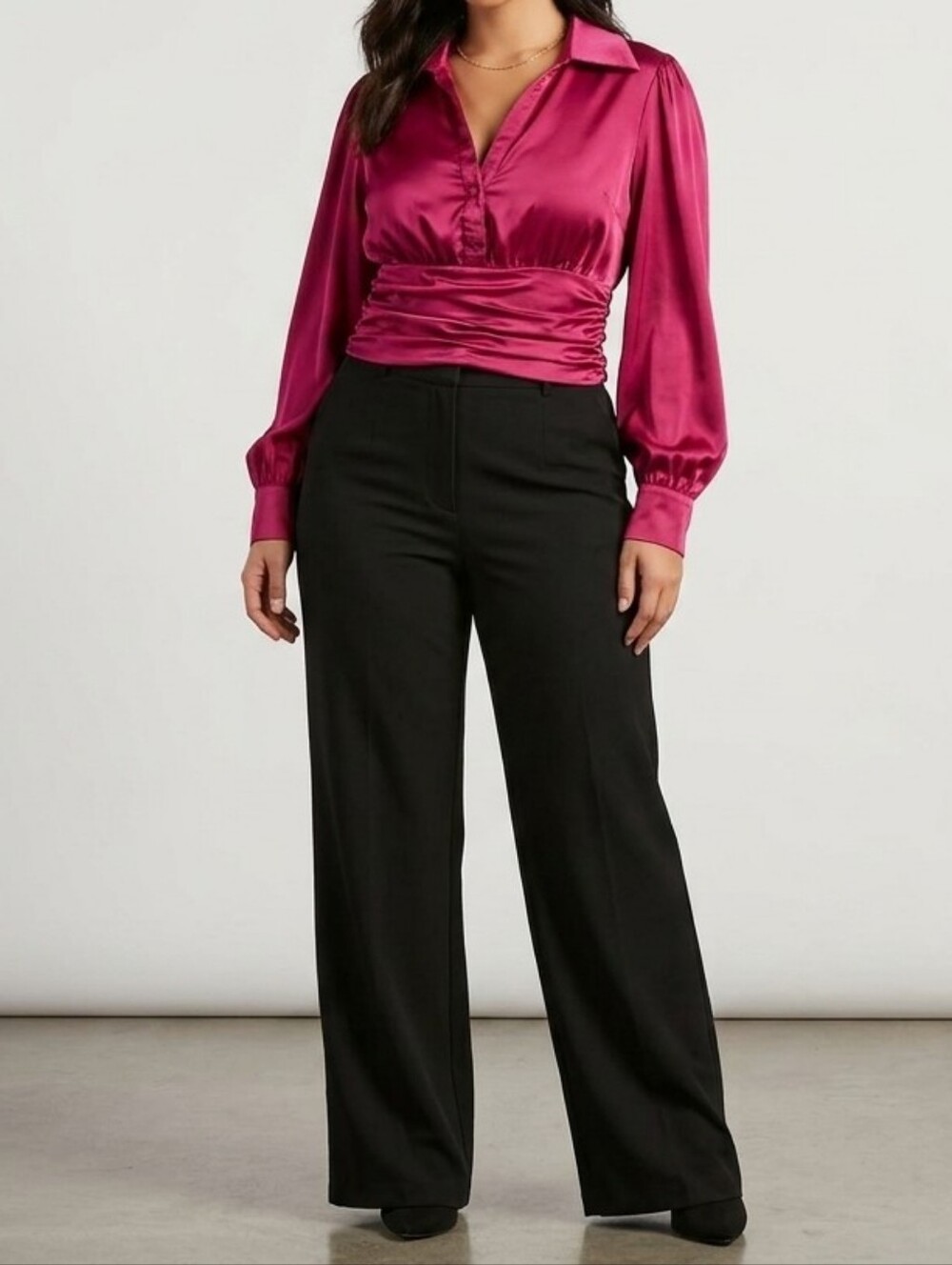 Magenta Satin Long Sleeve Collared Ruched Waist Blouse Smocked Back, Small, NWT - Picture 3 of 13